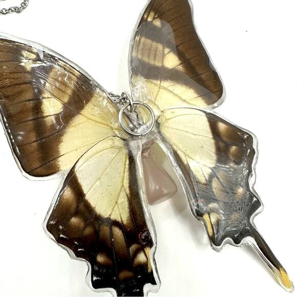 Unbranded Butterfly Large Pendant Necklace Brown Silvertone chain 70s 90s Boho - Picture 9 of 11
